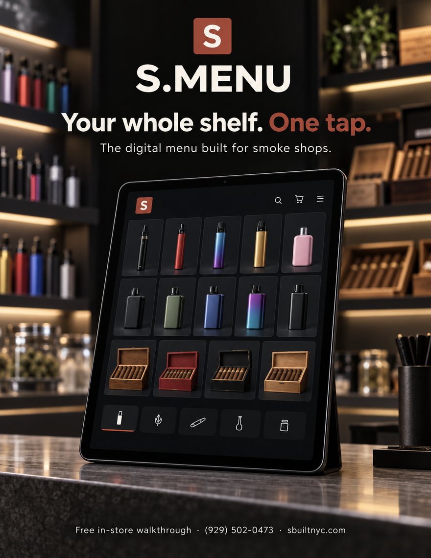 S.MENU: your whole shelf, one tap. A tablet on a shop counter showing the digital menu.